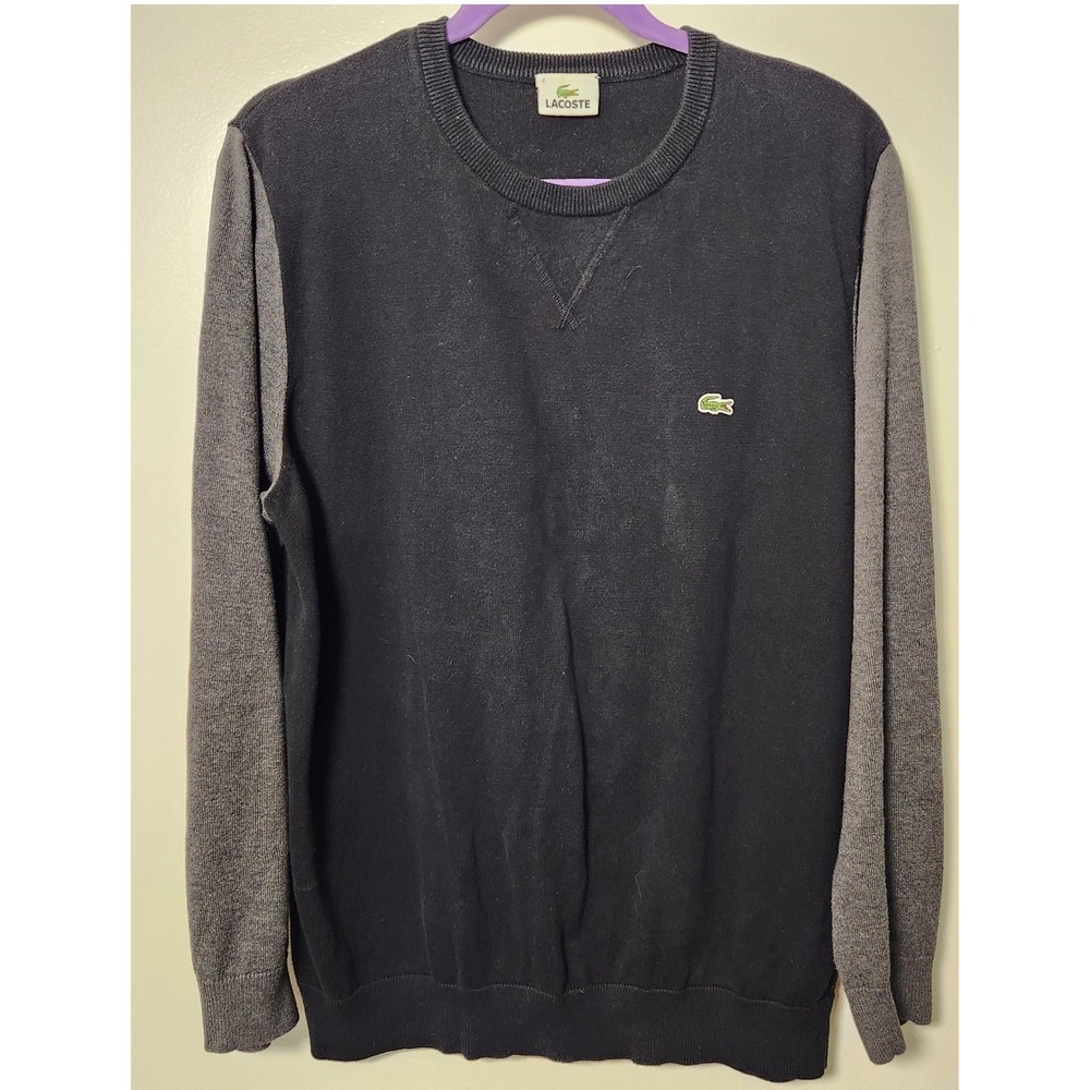 Lacoste Men's XL Sz 6 Colorblock Gray Black Crewneck Sweater Cotton Embroidered